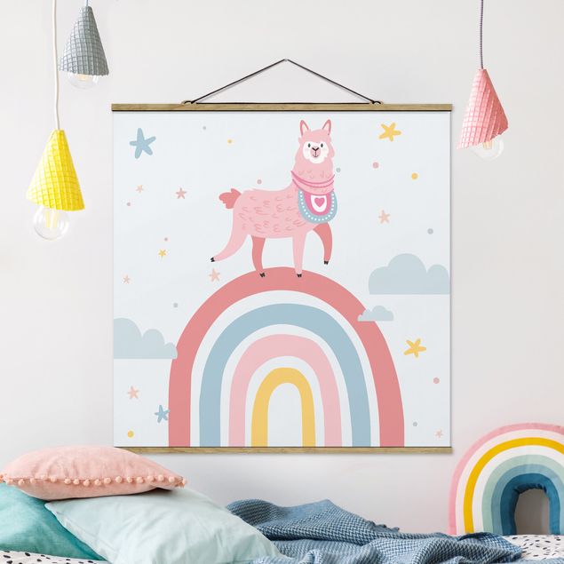Stoffen schilderij met posterlijst Lama On Rainbow With Stars And Dots