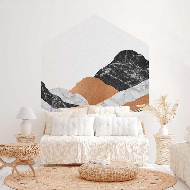 Hexagon Behang Landscape In Marble And Copper II