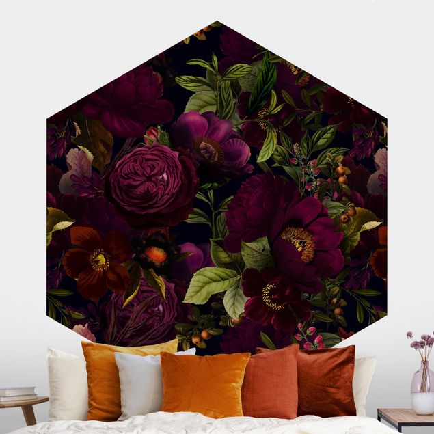 Hexagon Behang Purple Blossoms Dark