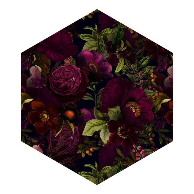 Hexagon Behang Purple Blossoms Dark