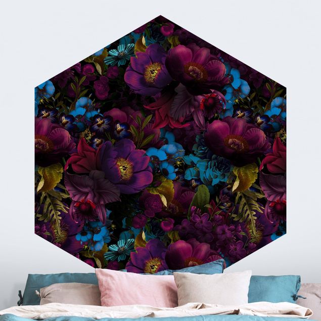 Hexagon Behang Purple Blossoms With Blue Flowers