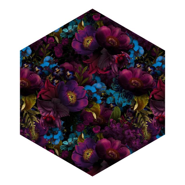 Hexagon Behang Purple Blossoms With Blue Flowers