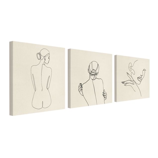 Natuurlijk canvas schilderijen - 3-delig Line Art Women Nude Drawing Black And White Set