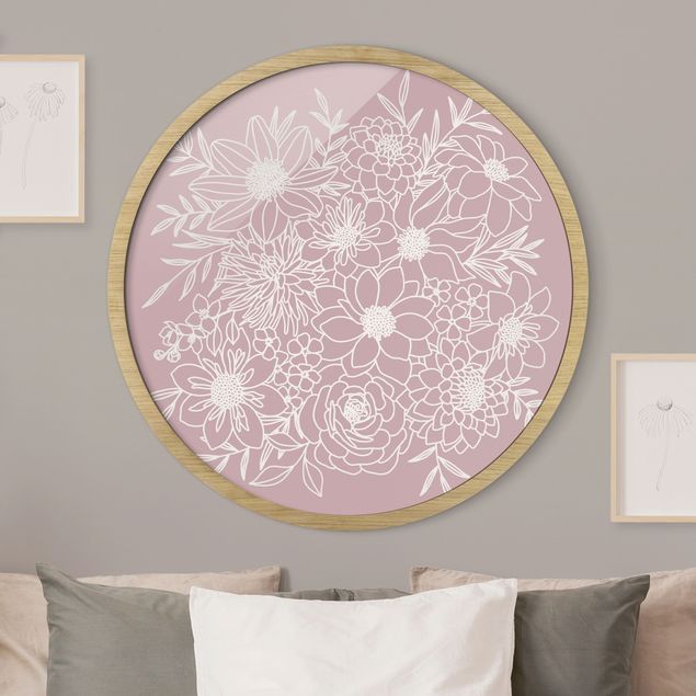 Rond schilderijen Line art fiori in rosa antico