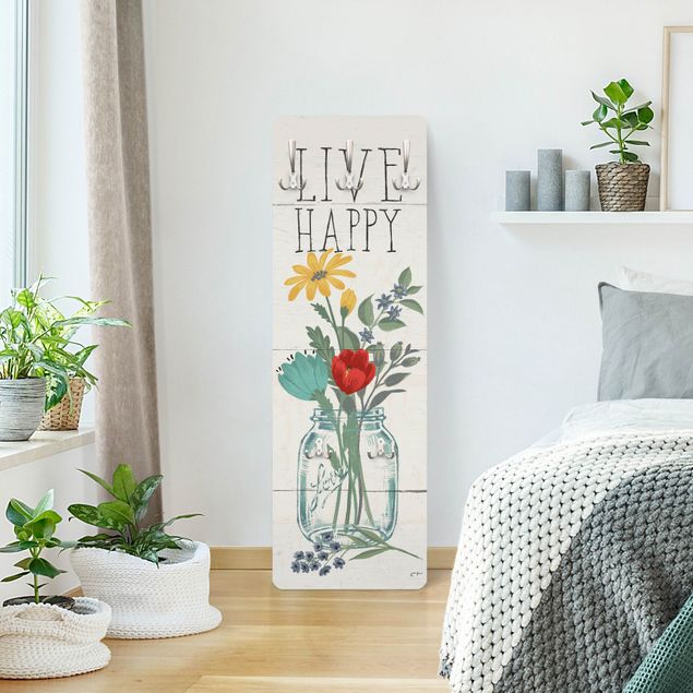 Wandkapstokken houten paneel - Live Happy - Flower vase on wood