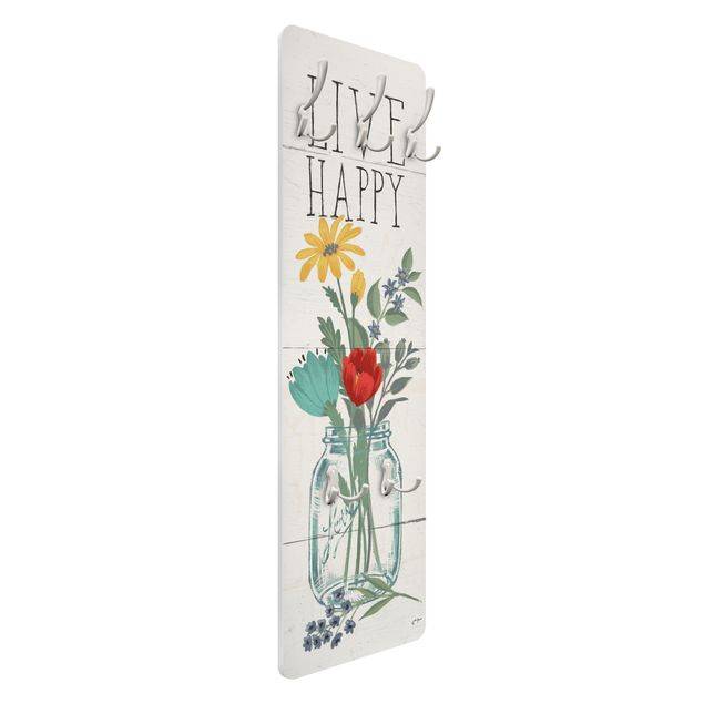 Wandkapstokken houten paneel - Live Happy - Flower vase on wood