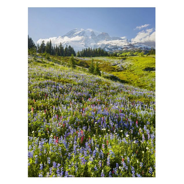 Magneetborden - Mountain Meadow With Red Flowers in Front of Mt. Rainier