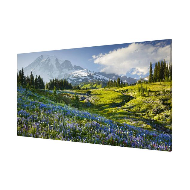 Magneetborden - Mountain Meadow With Blue Flowers in Front of Mt. Rainier