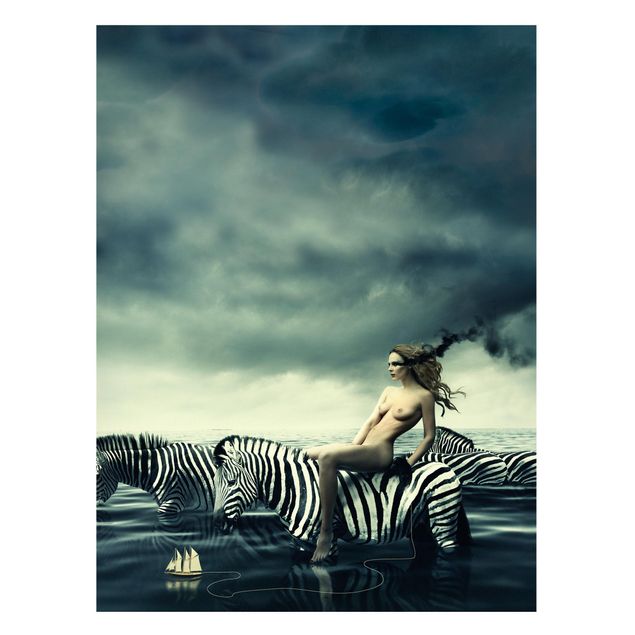 Magneetborden Woman Posing With Zebras