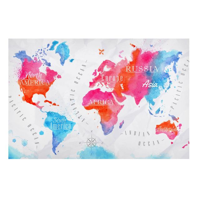 Magneetborden World Map Watercolour Red Blue