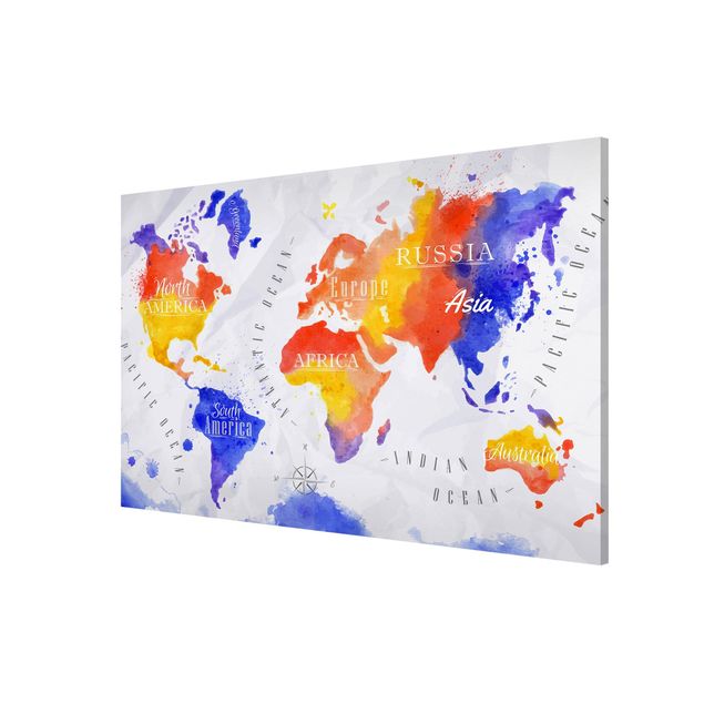 Magneetborden World Map Watercolour Purple Red Yellow