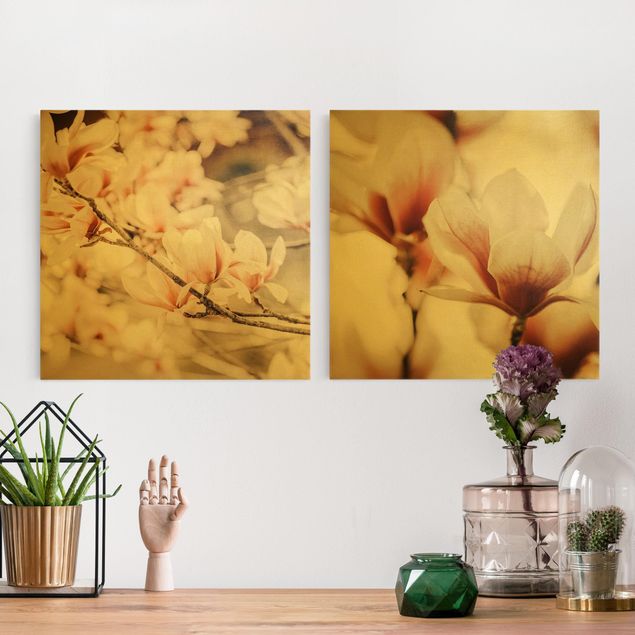 Natuurlijk canvas schilderijen - 2-delig  Magnolia Flower Set