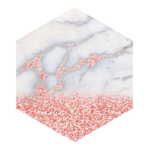 Hexagon Behang Marble Look With Pink Confetti