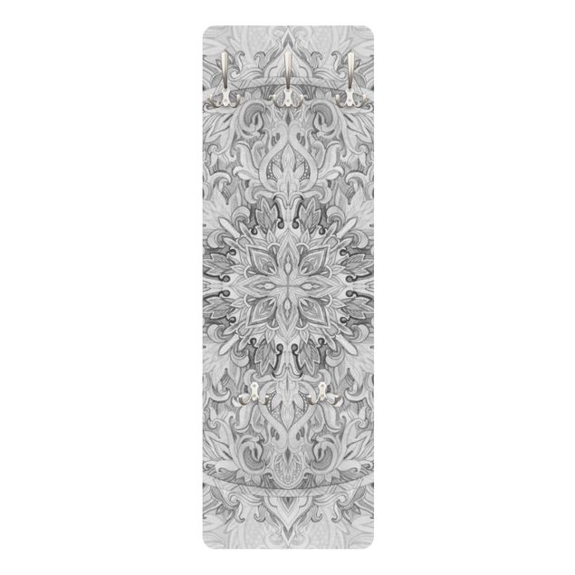 Wandkapstokken houten paneel - Mandala Watercolour Ornament Pattern Black And White