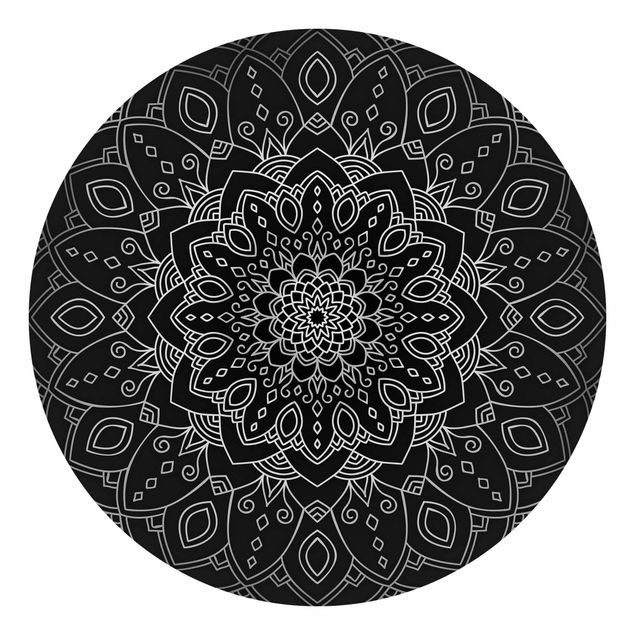Behangcirkel Mandala Flower Pattern Silver Black
