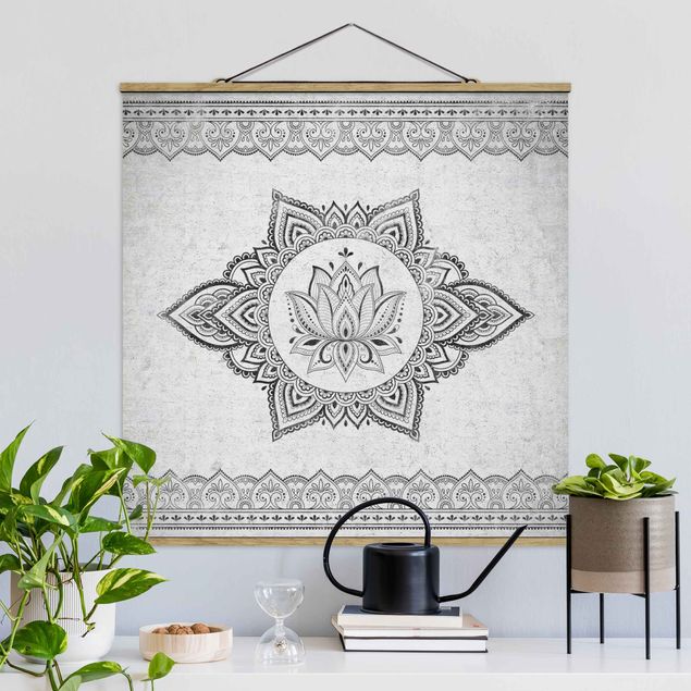 Stoffen schilderij met posterlijst Mandala Lotus Concrete Look