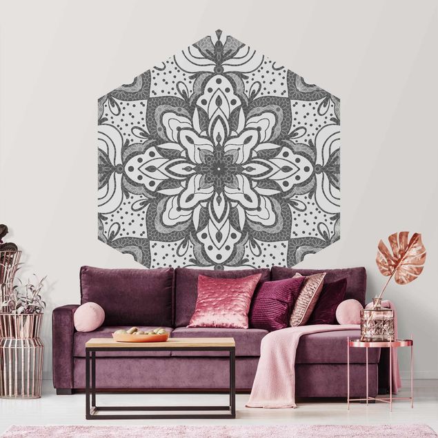 Hexagon Behang Mandala With Grid And Dots In Gray