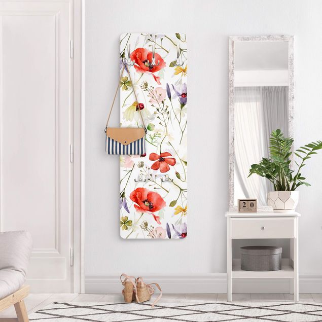 Wandkapstokken houten paneel - Ladybird With Poppies In Watercolour