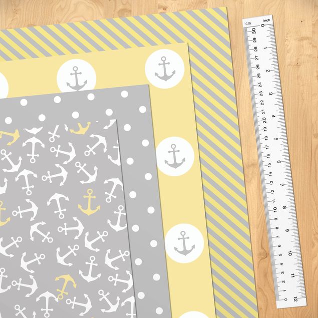 Meubelfolien - Maritime Pattern Set Stripes With Anchor, Stripes And Dots