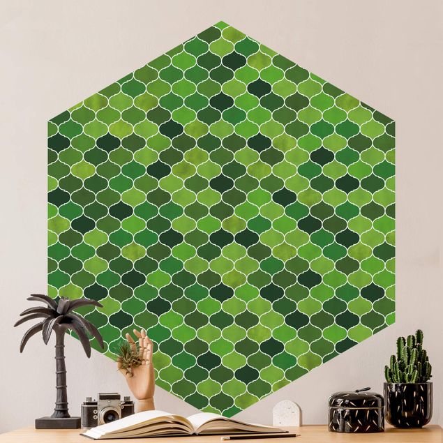 Hexagon Behang Moroccan Watercolour Pattern Green