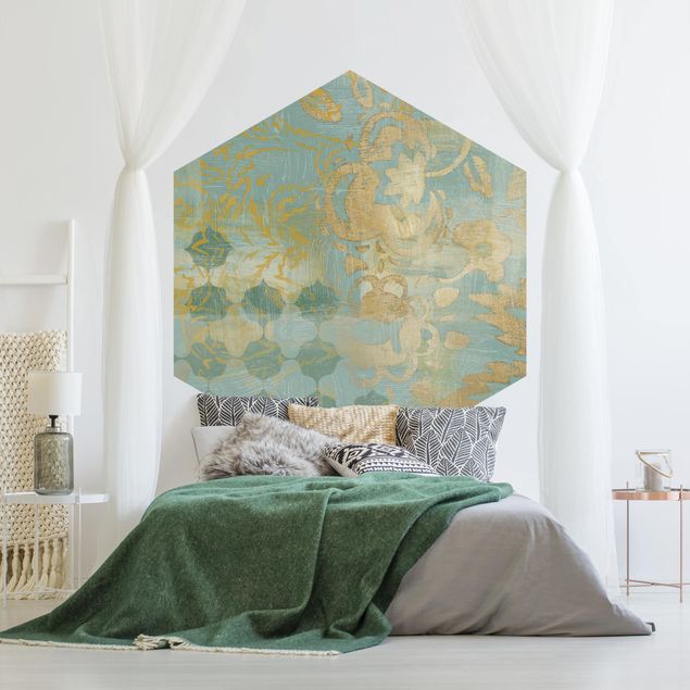 Hexagon Behang Moroccan Collage In Gold And Turquoise II