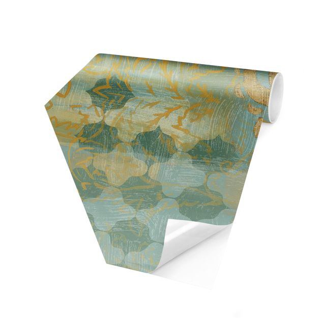 Hexagon Behang Moroccan Collage In Gold And Turquoise II