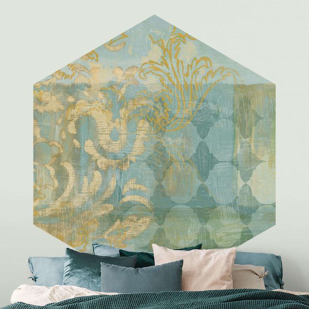 Hexagon Behang Moroccan Collage In Gold And Turquoise