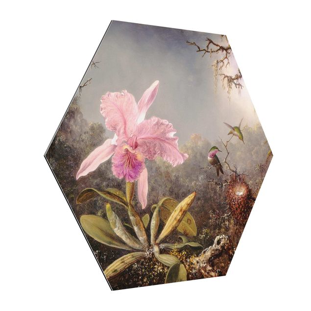 Hexagons Aluminium Dibond schilderijen - Martin Johnson Heade - Orchid And Three Hummingbirds