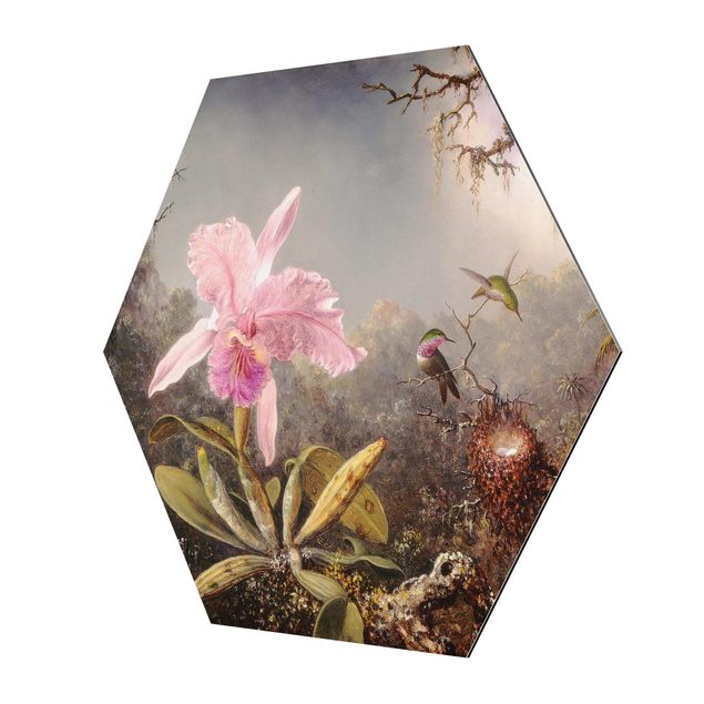 Hexagons Aluminium Dibond schilderijen - Martin Johnson Heade - Orchid And Three Hummingbirds