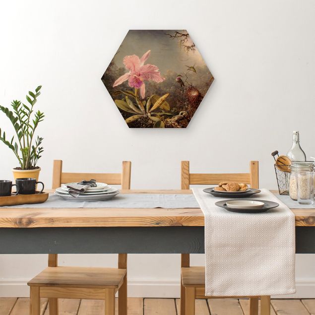 Hexagons houten schilderijen - Martin Johnson Heade - Orchid And Three Hummingbirds