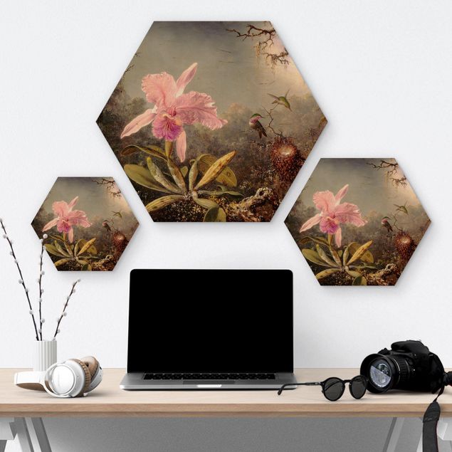 Hexagons houten schilderijen - Martin Johnson Heade - Orchid And Three Hummingbirds