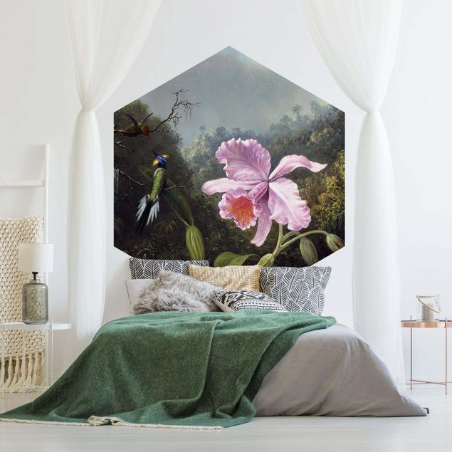 Hexagon Behang Martin Johnson Heade - Still Life With An Orchid And A Pair Of Hummingbirds