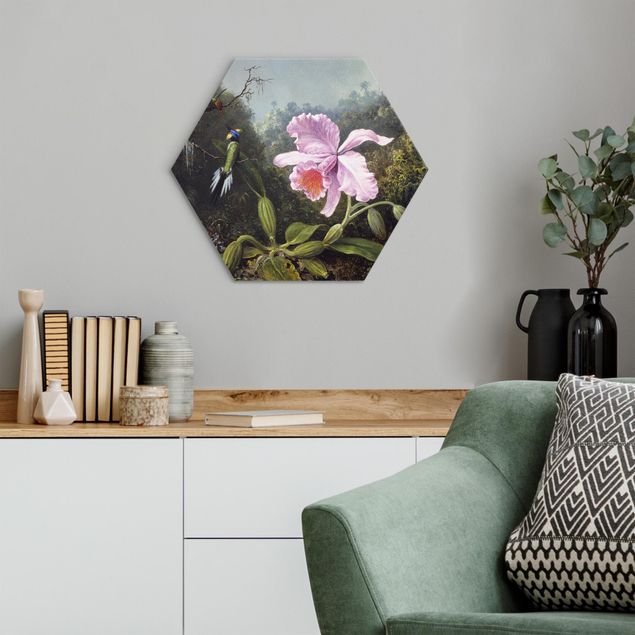 Hexagons Aluminium Dibond schilderijen - Martin Johnson Heade - Still Life With An Orchid And A Pair Of Hummingbirds