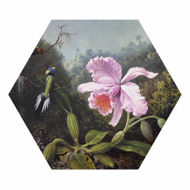 Hexagons Aluminium Dibond schilderijen - Martin Johnson Heade - Still Life With An Orchid And A Pair Of Hummingbirds