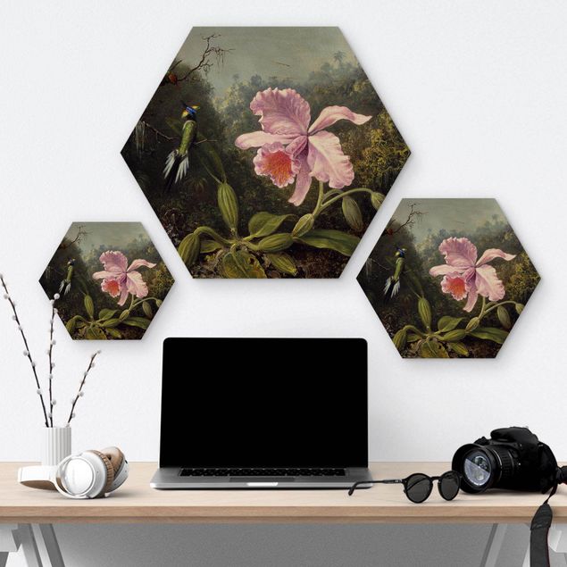 Hexagons houten schilderijen - Martin Johnson Heade - Still Life With An Orchid And A Pair Of Hummingbirds