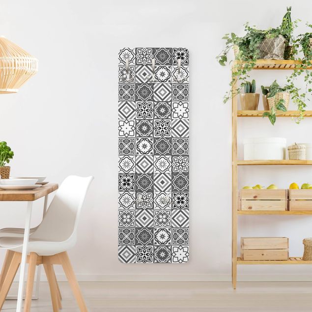 Wandkapstokken houten paneel Mediterranean Tile Pattern Grayscale