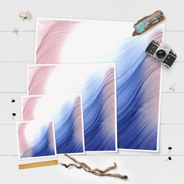Poster - Melierter Farbtanz Blau mit Rosa - Quadrat 1:1