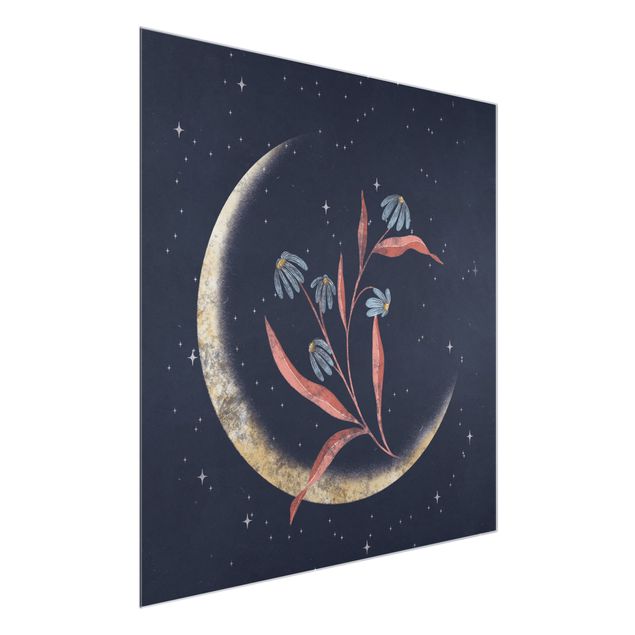 Glasschilderijen - Crescent Moon and Marguerites
