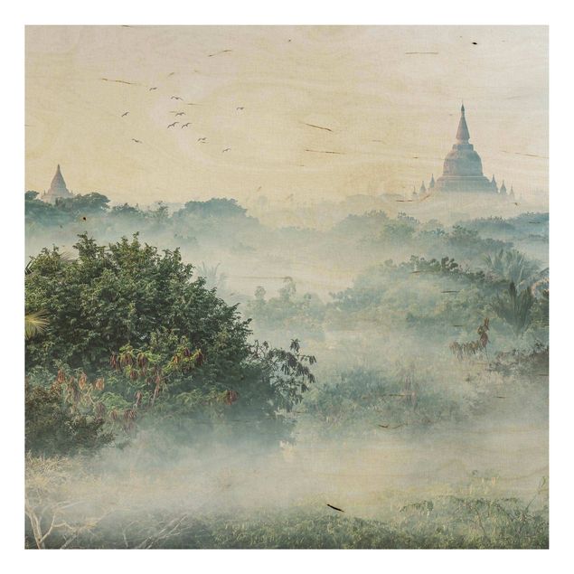 Houten schilderijen Morning Fog Over The Jungle Of Bagan