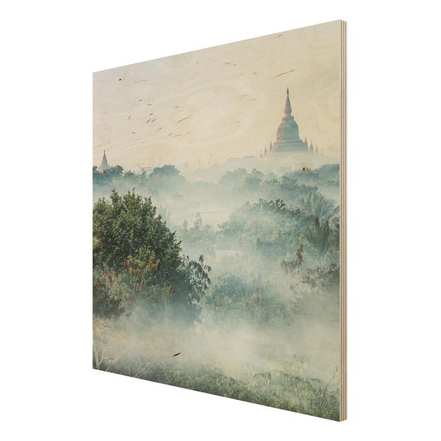 Houten schilderijen Morning Fog Over The Jungle Of Bagan