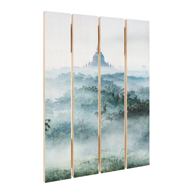 Houten schilderijen op plank Morning Fog Over The Jungle Of Bagan