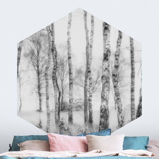 Hexagon Behang Mystic Birch Forest Black And White