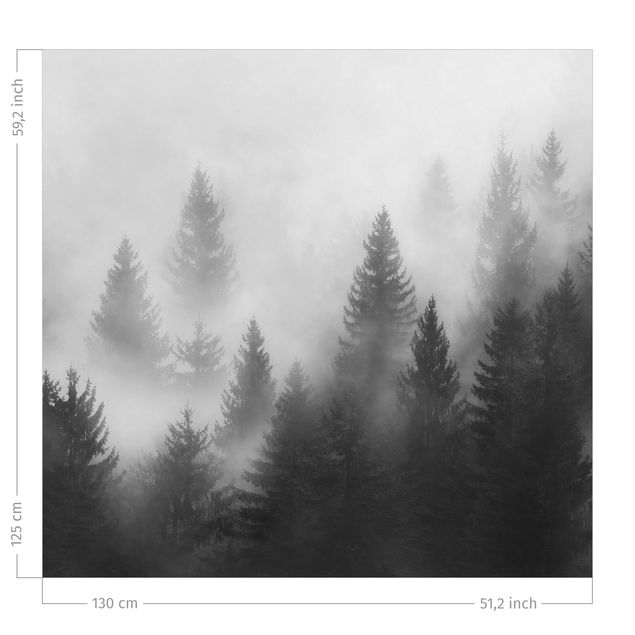 Gordijnen bos Coniferous Forest In The Fog Black And White