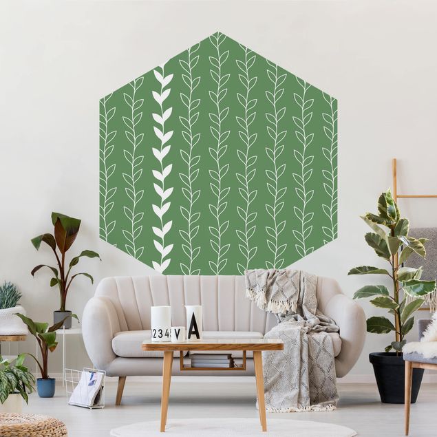 Hexagon Behang Natural Pattern Tendril Lines On Green