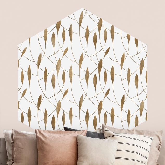 Hexagon Behang Natural Pattern Sweeping Leaves In Gold
