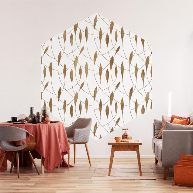 Hexagon Behang Natural Pattern Sweeping Leaves In Gold