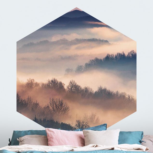 Hexagon Behang Fog At Sunset