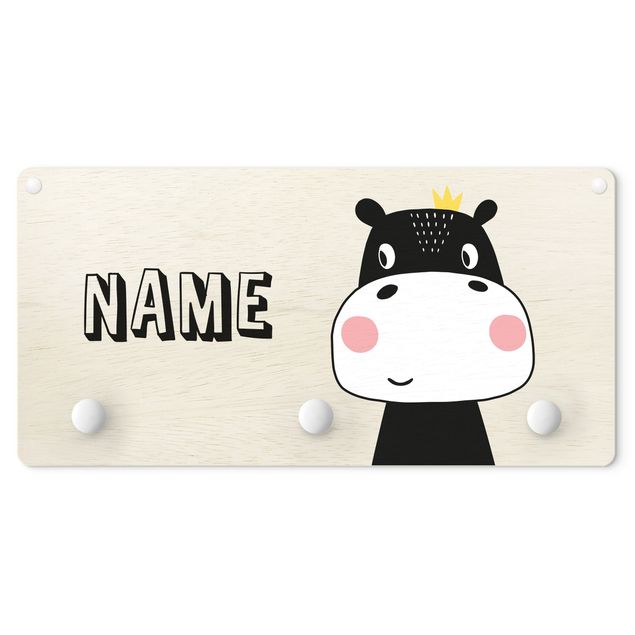 Wandkapstokken voor kinderen Cute Crowned Hippo With Customised Name