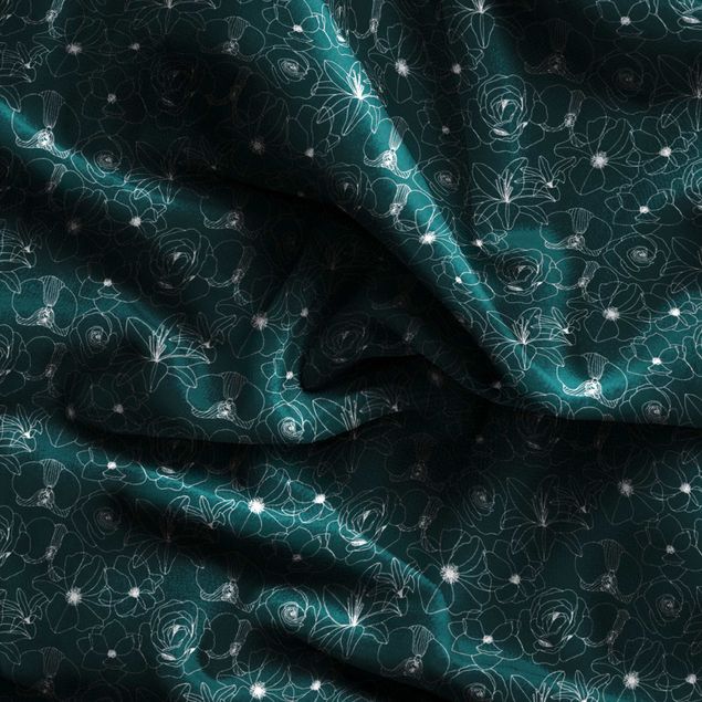 Gordijnen met patroon Outline Flower Pattern - Dark Jade Green