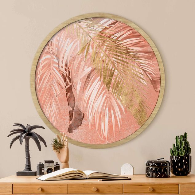 Rond schilderijen Foglie di palma rosa e oro II